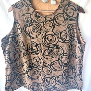 Laura Ashley Woman 2X Sleeveless Floral Rose Jacquard Tank Top Brown Black